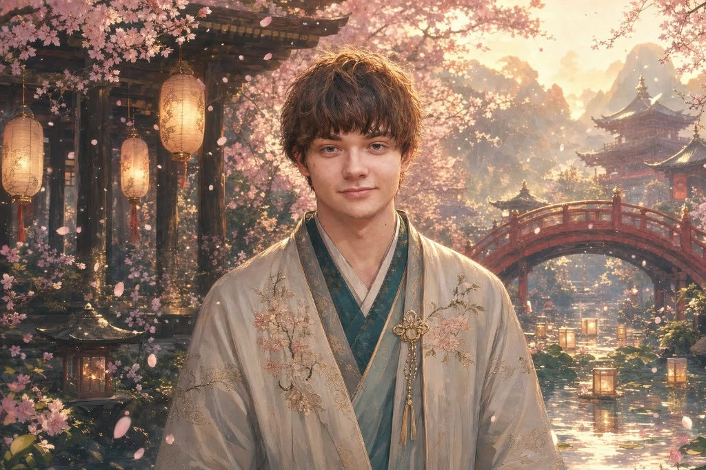 Host proměněný do japonské ilustrace se sakurami a chrámovou zahradou